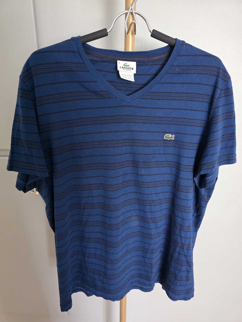 Lacoste Men's Blue Striped V‑Neck T‑Shirt